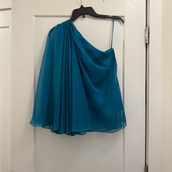 Badgley Mischka Collection $295 Teal One Shoulder Chiffon over stretch satin top - Picture 1 of 9